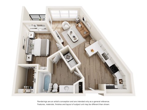 Floor plan for 1 bed, 1 bath, 606 sqft